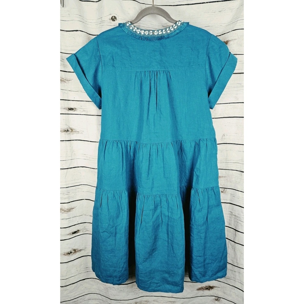 Chico's Teal Beaded Linen Tiered Dress 2 Womens US 12 Midi Ruffle Short Sleeves - Picture 6 of 8